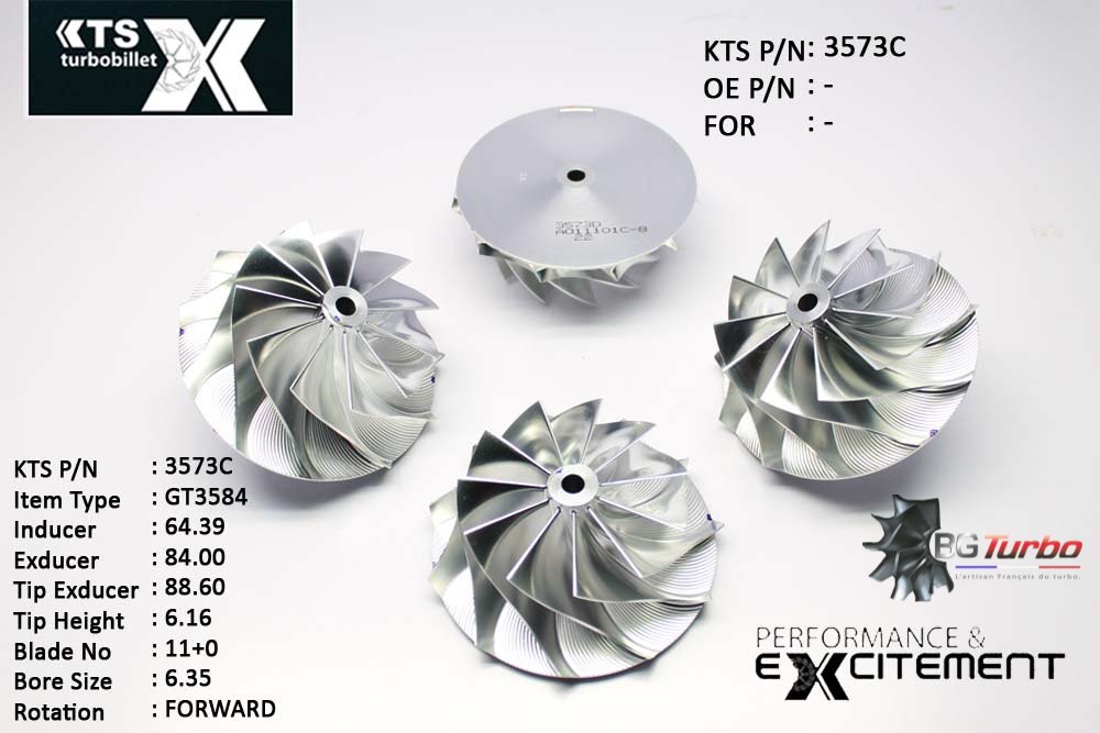 Turbo ROUE FORGÉE MFS PERFORMANCE - 11+0 PALES - INDUCER : 64,39 - EXDUCER : 84 - TYPE : GT3584ANGLE : 60° - ROTATION : Forward - SUPER BACK : 2,3497 - BORE SIZE : 6,35
